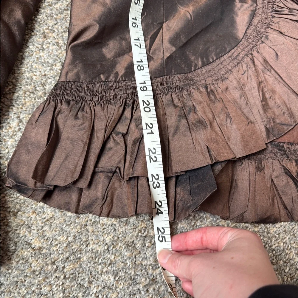 Zina Eva 100% Silk Vintage Brown Ruffle-Trim Jacket